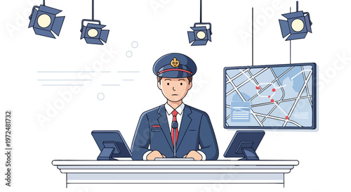 Broadcast Journalist Reporting Live News with Interactive Map Display