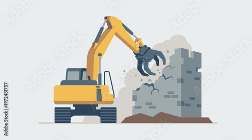 Yellow Demolition Excavator Tearing Down a Stone Wall, Industrial Heavy Machinery Flat Vector Illustration