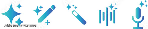 Set of five ai gradient icons featuring a magic spark a pencil and a microphone