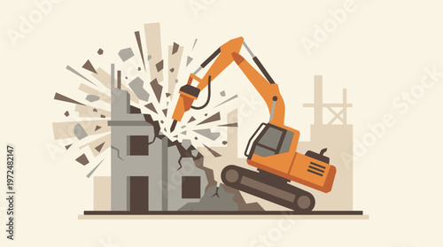 Excavator with Hydraulic Breaker Demolishing Concrete Building - Flat Vector Illustration for Construction, Urban Renewal, and Demolition Services