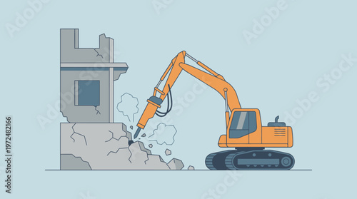 Excavator with Hydraulic Breaker Demolishing Concrete Building - Flat Vector Construction Illustration