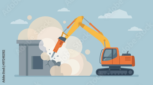 Orange Excavator with Hydraulic Breaker Demolishing Building Wall. Flat Vector Illustration of Heavy Machinery at Construction Site with Dust Clouds