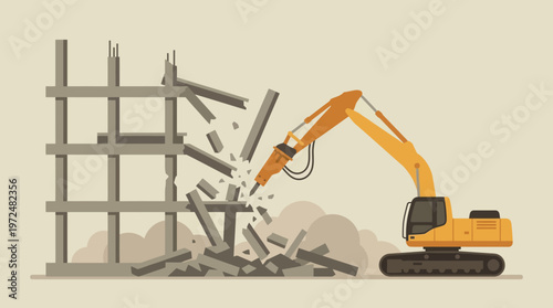 Vector Illustration of Excavator with Hydraulic Breaker Demolishing Concrete Building Structure - Industrial Construction Site Demolition