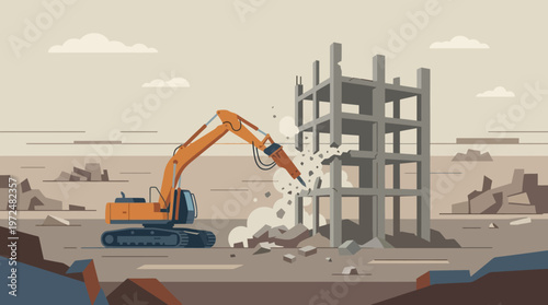 Construction Site Demolition with Orange Excavator and Hydraulic Breaker Breaking Concrete Building Frame, Flat Vector Illustration