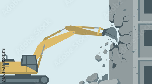 Flat Vector Illustration of a Yellow Excavator Demolishing a Concrete Building for Urban Renewal and Construction