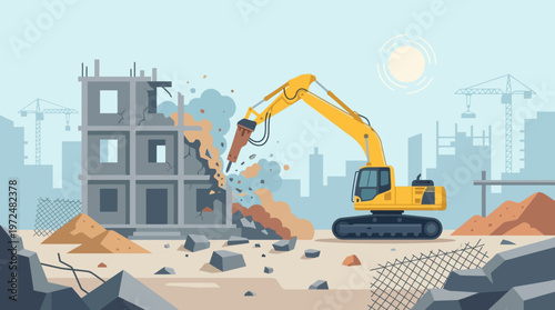 Yellow Excavator with Hydraulic Breaker Demolishing Building at Urban Construction Site - Flat Vector Illustration
