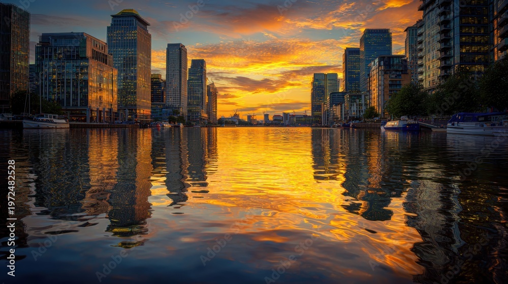 Fototapeta premium Modern city skyline with water reflections at sunset