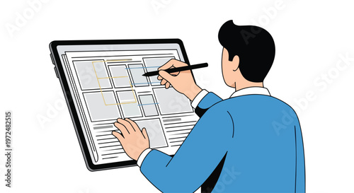 Flat 2D illustration of a designer creating digital layout on tablet for journalism concept