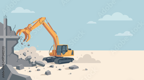 Heavy Machinery Excavator Demolishing Concrete Building Wall, Industrial Construction and Urban Renewal Site Concept Vector Illustration