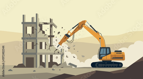 Heavy Excavator with Hydraulic Breaker Demolishing an Old Concrete Building Structure on a Construction Site, Urban Renewal and Site Clearing Illustration