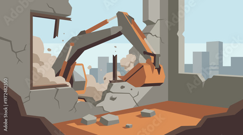 Heavy Machinery Excavator Demolishing Concrete Building for Urban Renewal Vector Illustration