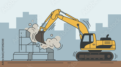 Yellow Excavator Demolishing Stone Wall in City, Construction Site Vector Illustration for Urban Development and Demolition Work