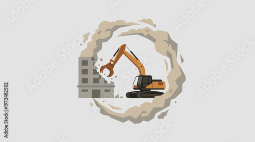 Demolition Excavator Tearing Down Building with Dust Cloud, Minimalist Vector Illustration of Urban Renewal and Construction Machinery