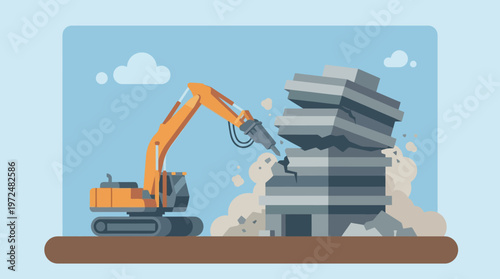 Flat Vector Illustration of an Excavator with Hydraulic Breaker Demolishing a Concrete Building