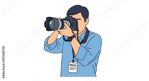 Flat 2D Illustration of Journalist Photographer with Press Badge and Camera
