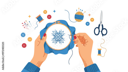 Detailed vector illustration showcasing hands meticulously embroidering a snowflake design within a hoop, surrounded by various colorful sewing and craft supplies.