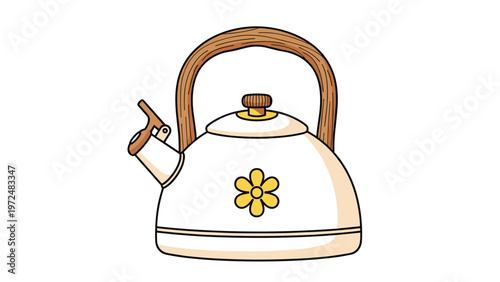 Charming illustration of a traditional white stovetop kettle featuring a cheerful yellow flower design and a rustic wooden handle, embodying cozy home comfort.