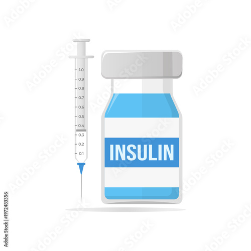 Insulin vial and syringe for diabetes treatment. Vector illustration, isolated on white background. Concept for diabetes management and glucose control.
