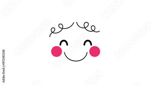 Adorable cartoon illustration of a cheerful smiling face with soft curly hair and rosy pink cheeks, radiating happiness and a playful innocence.