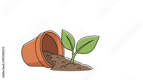Charming vector illustration of an overturned terracotta pot with soil spilling out, nurturing a small green seedling with two vibrant leaves, symbolizing growth and new beginnings.