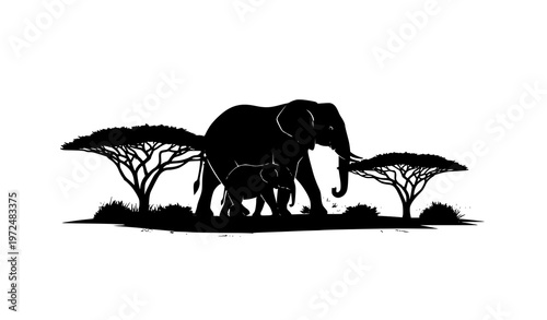 Artistic elephant and calf silhouette with layered savanna trees and vegetation wildlife vector illustration