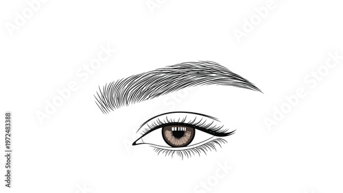Intricately detailed illustration of a beautiful human eye with a perfectly arched eyebrow and long, delicate eyelashes, showcasing realistic beauty and expression.