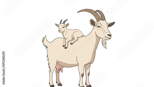 Heartwarming illustration of a mother goat with her adorable baby goat riding comfortably on her back, depicting a sweet bond and maternal care.