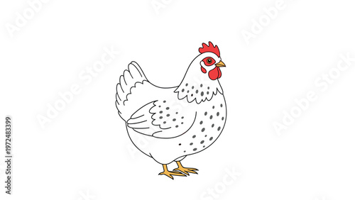 Charming illustration of a healthy white hen with distinctive black spots, standing gracefully, perfect for farm life and domestic animal themes.