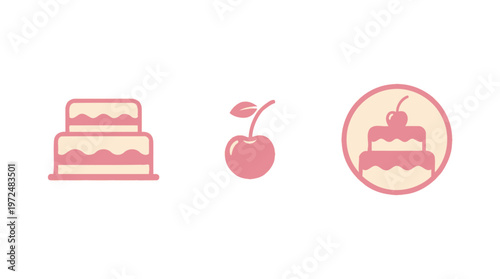 Tableau sur toile Sweet Treats Icons: Cake, Cherry, and Cake with Cherry in Circle
