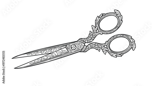 Exquisitely detailed engraved style illustration of ornate decorative scissors, featuring intricate patterns and a vintage aesthetic, perfect for craft or antique themes.