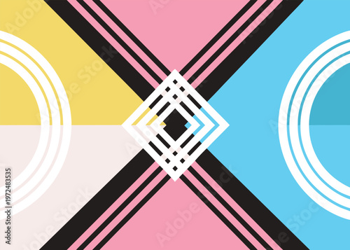 Diagonal black and pink bands intersect at a central white diamond motif over a background of yellow pink and blue color quadrants.