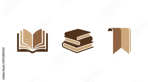 Book Icons: Open Book, Stacked Books, Bookmark - Education and Knowledge Symbols