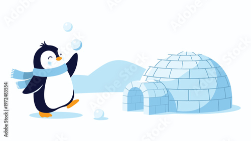 Adorable cartoon illustration of a cheerful penguin wearing a blue scarf, happily playing with snowballs near a cozy igloo in a serene winter landscape.