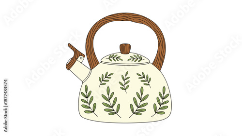 Charming illustration of a traditional white stovetop kettle, adorned with a graceful pattern of green leaves and a rustic wooden handle, embodying cozy home comfort.
