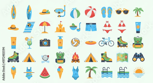 Summer Vacation Beach Holiday Icons Collection.