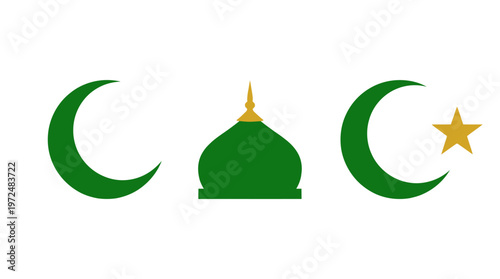 Islamic symbols: Crescent moon, star, and mosque dome on white background