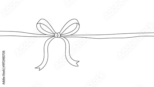 Minimalist black and white line art illustration of a simple, elegant bow tied centrally on a horizontal ribbon, with graceful trailing ends, perfect for decorative borders or accents.