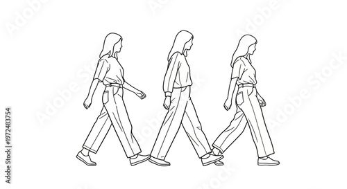 Three women walking in a line illustration.