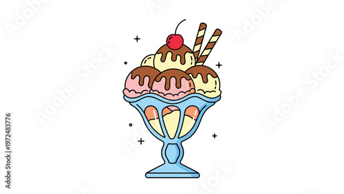 Delicious and vibrant illustration of a classic ice cream sundae, featuring multiple scoops of different flavors, wafers, a cherry, and chocolate syrup in a stylish glass.