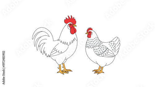 Charming illustration of a proud white rooster standing beside a speckled hen, depicting classic farm poultry and the idyllic essence of rural life.