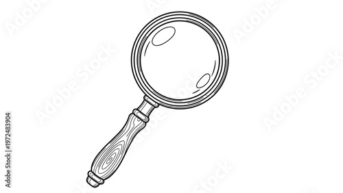 Detailed black and white line art illustration of a classic magnifying glass with a wooden handle, symbolizing search, discovery, and close examination.