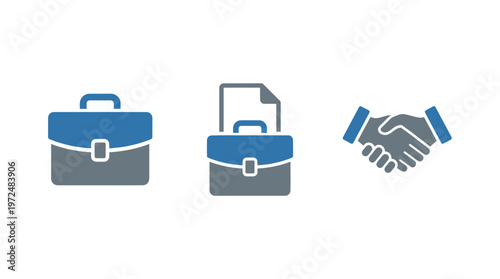 Business Icons: Briefcase, Document Bag, and Handshake on White Background