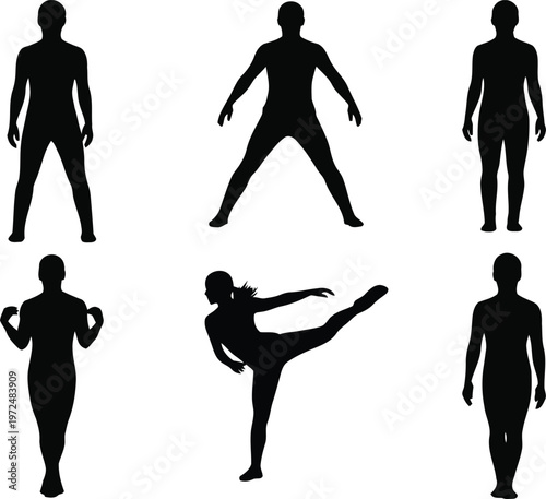 Silhouettes of various human stances and poses in martial arts and standing positions Vector