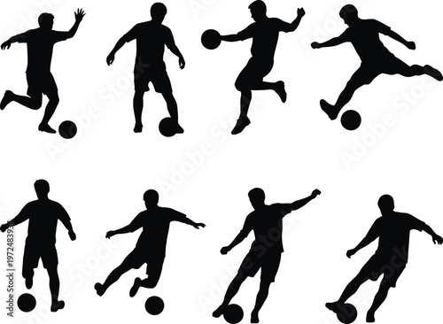 Illustrations of various soccer player actions and techniques during a match Vector