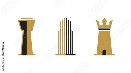 Modern Chess Pieces as City Buildings: Rook, King, Tower Icons