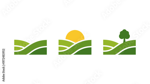 Green rolling hills landscape icons with sun and tree, flat design vector.