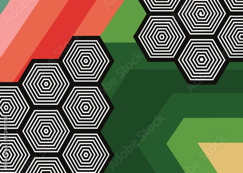 Groups of black and white striped hexagons occupy the corners of a background composed of wide angled red pink and green stripes.