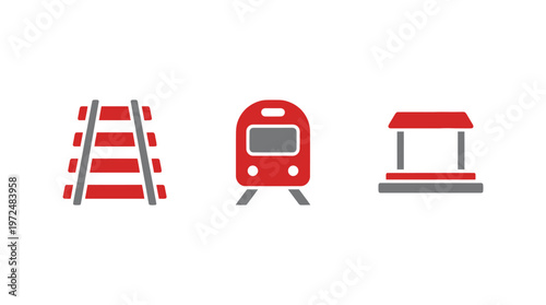 Train Station Icons: Railway Tracks, Train, and Platform