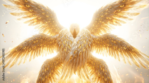 Biblically accurate angel with multiple golden wings covered in many eyes glowing in divine celestial light against a bright white ethereal background.