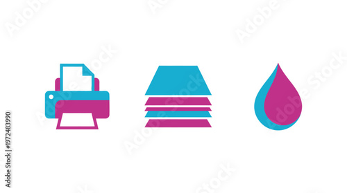 Printing Icons: Printer, Stack of Paper, Ink Drop - Cyan and Magenta